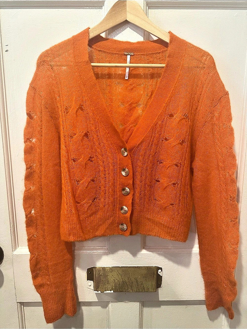 Free People Moon Sky Alpaca Cardi Orange Zest Open Knit Wool Cardigan Boho Large